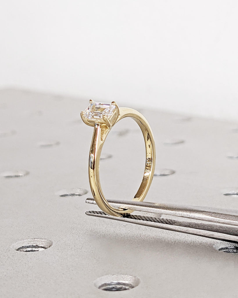 14K Solid Gold Solitaire Emerald Cut Lab Diamond Engagement Ring, Dainty Minimalist Ring, High Setting Thin Band Ring, Promise Ring for Her