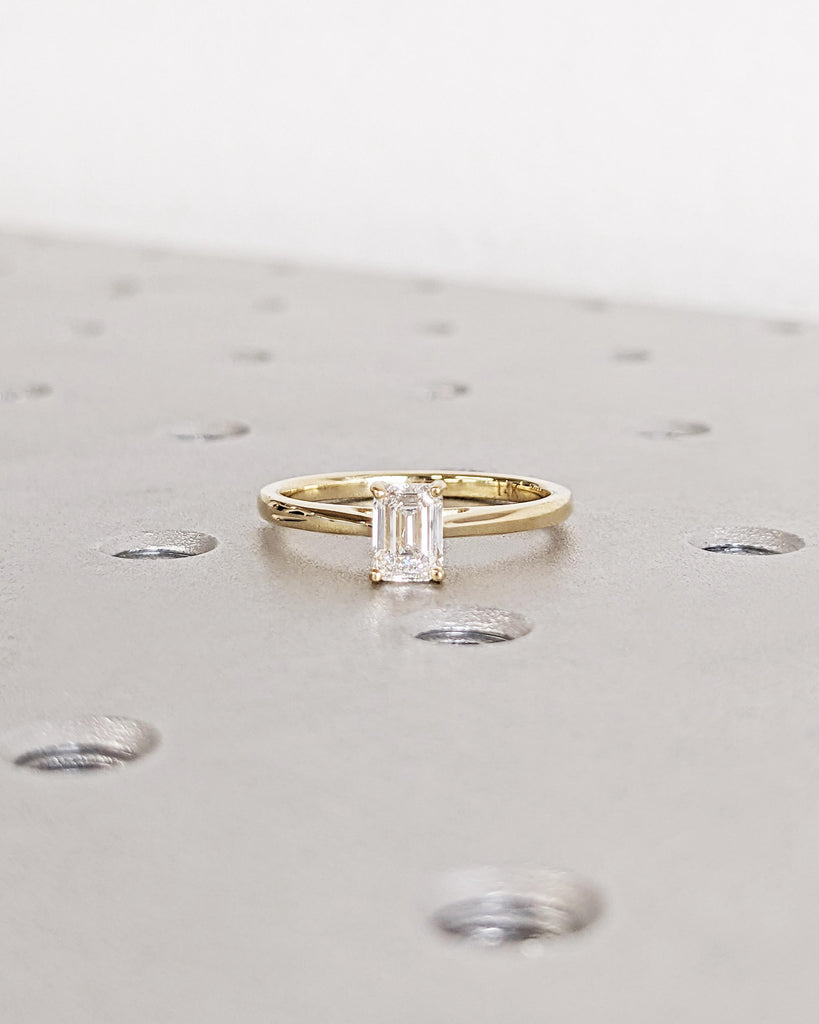 14K Solid Gold Solitaire Emerald Cut Moissanite Engagement Ring, Stackable Dainty Ring, High Setting Thin Band Ring, Minimalist Ring for Her