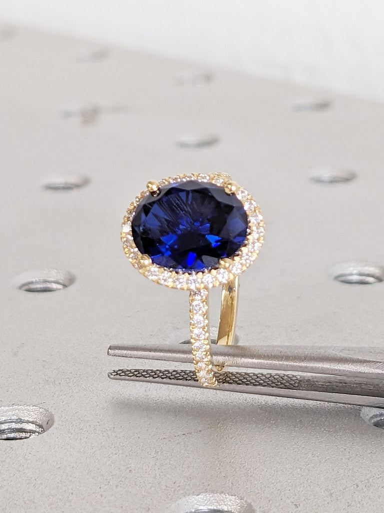 Halo Lab Created Sapphire Ring, 18k Gold Birthstone Rings, Sapphire Engagement Ring, Sapphire and Moissanite Eternity Band, Statement Ring