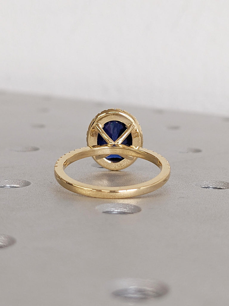 Halo Lab Created Sapphire Ring, 18k Gold Birthstone Rings, Sapphire Engagement Ring, Sapphire and Moissanite Eternity Band, Statement Ring
