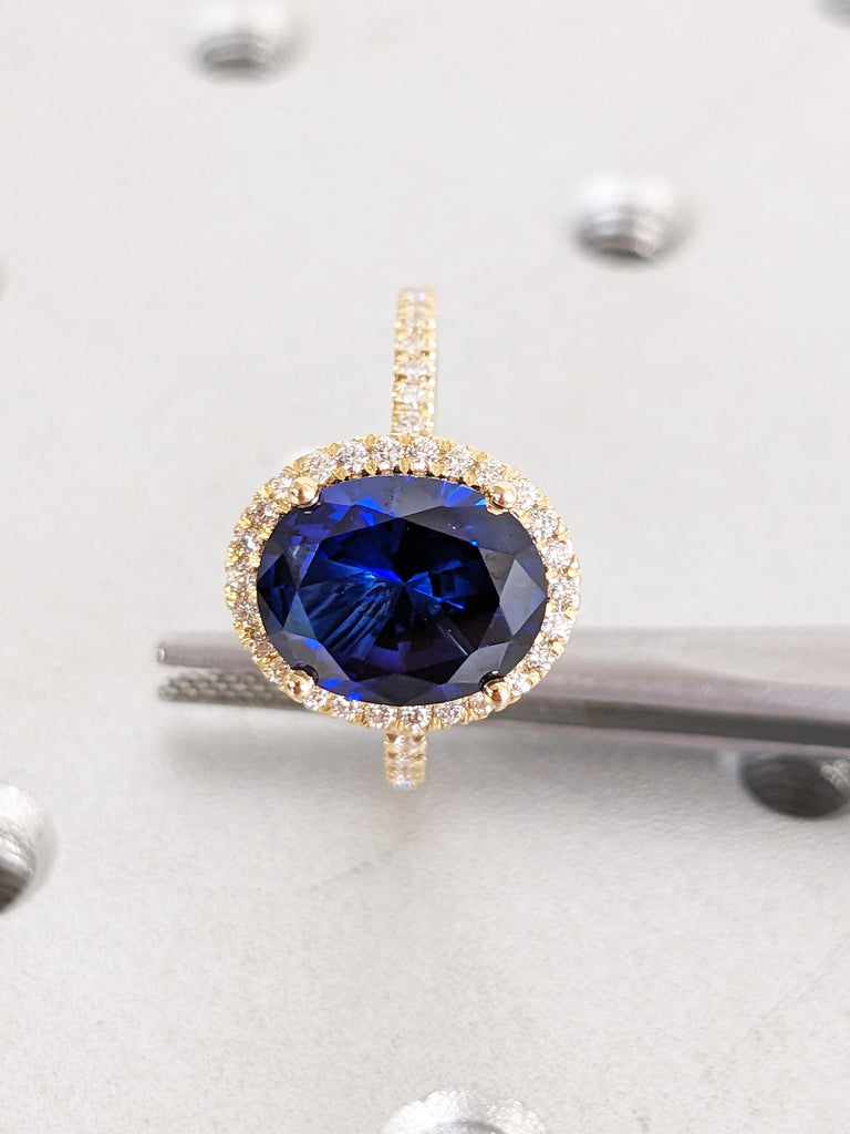Blue Sapphire Ring, 18k Solid Gold Ring, Oval Sapphire and Diamond Engagement Rings for Women, Half Eternity Ring, September Birthstone Ring