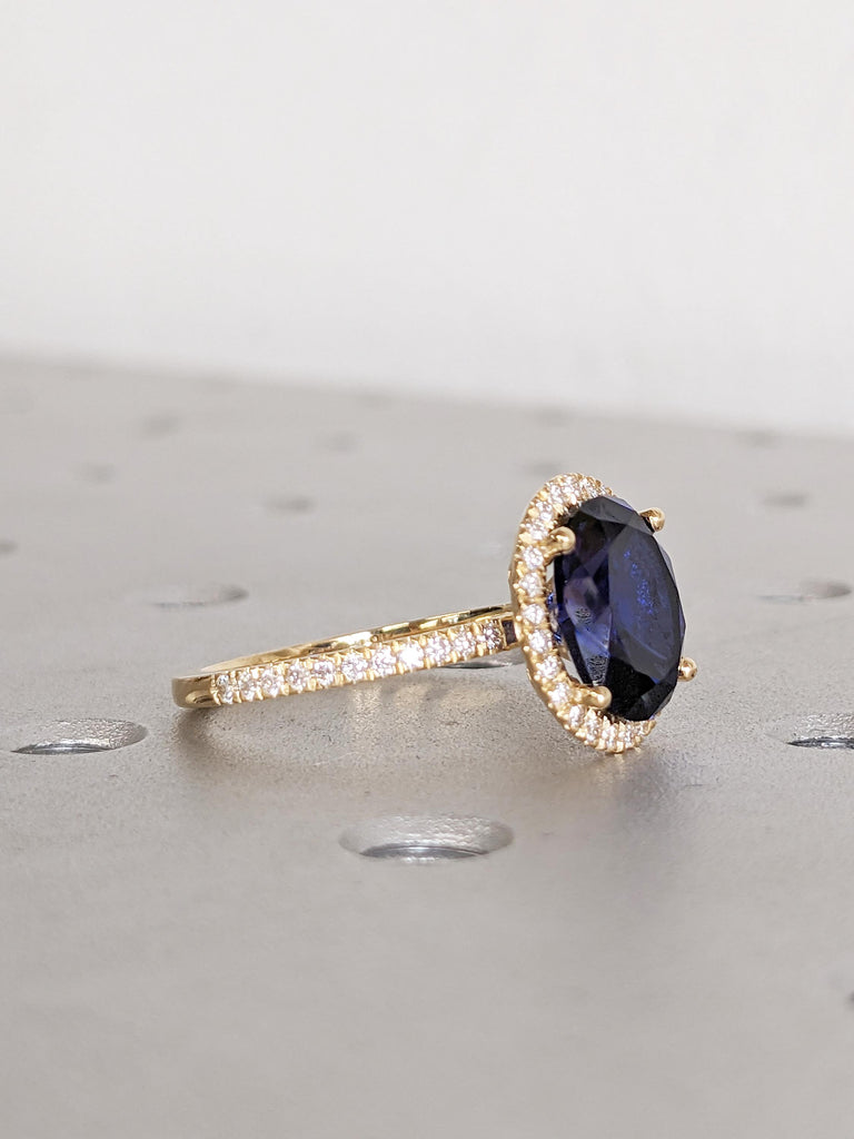 Halo Lab Created Sapphire Ring, 18k Gold Birthstone Rings, Sapphire Engagement Ring, Sapphire and Moissanite Eternity Band, Statement Ring