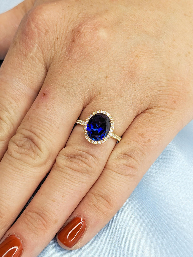 Blue Sapphire Ring, 18k Solid Gold Ring, Oval Sapphire and Diamond Engagement Rings for Women, Half Eternity Ring, September Birthstone Ring