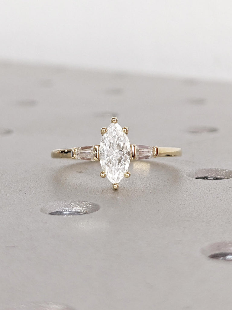 Marquise Engagement Ring, Moissanite Rings for Women, 14k Yellow Gold Statement Ring, Unique Wedding Ring, Art Deco Tapered Baguette Ring