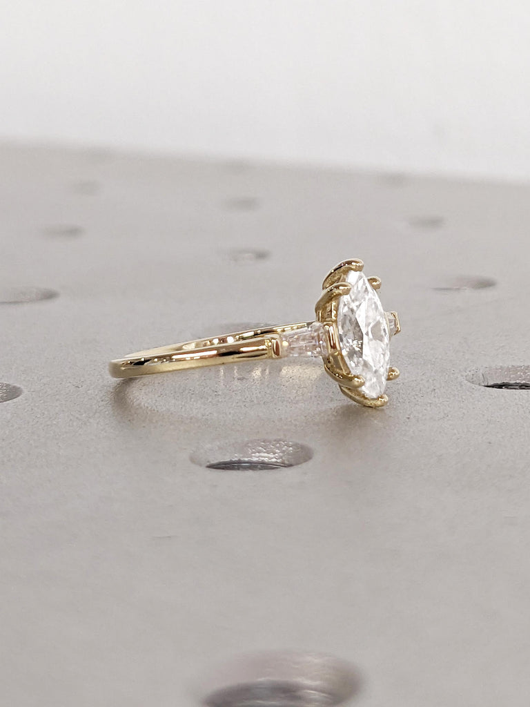 Marquise Moissanite Engagement Ring | 14k Solid Gold Ring | Tapered Baguette Moissanite Ring | Gold Promise Ring for Her | Personalized Ring