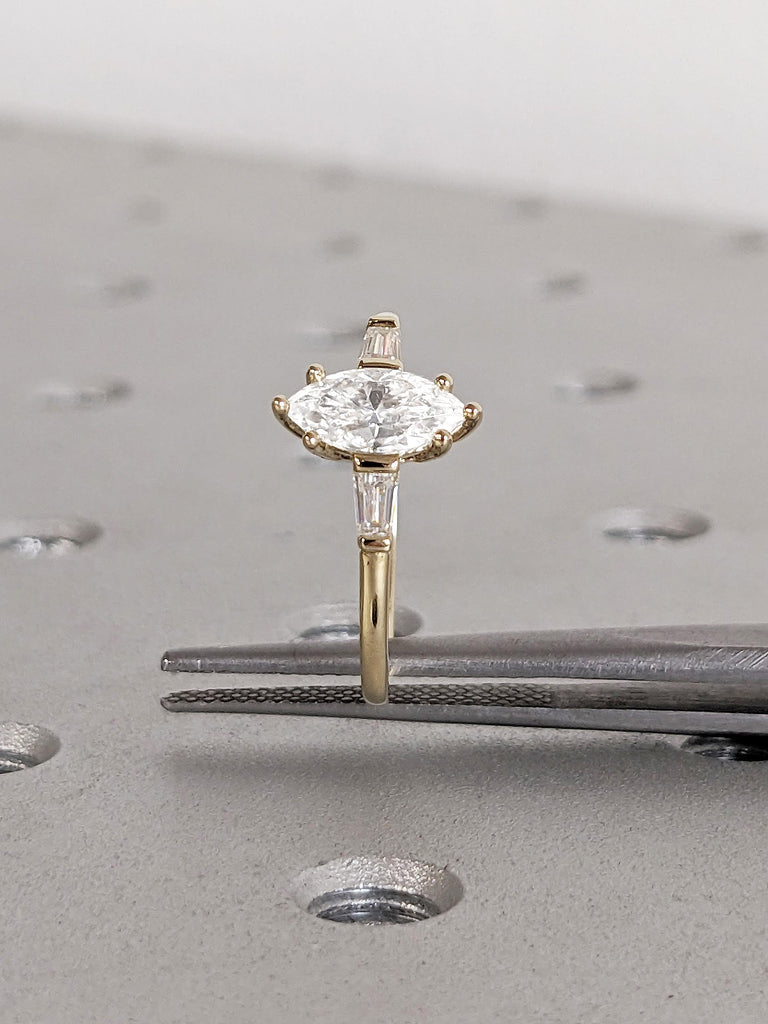 Marquise Engagement Ring, Moissanite Rings for Women, 14k Yellow Gold Statement Ring, Unique Wedding Ring, Art Deco Tapered Baguette Ring