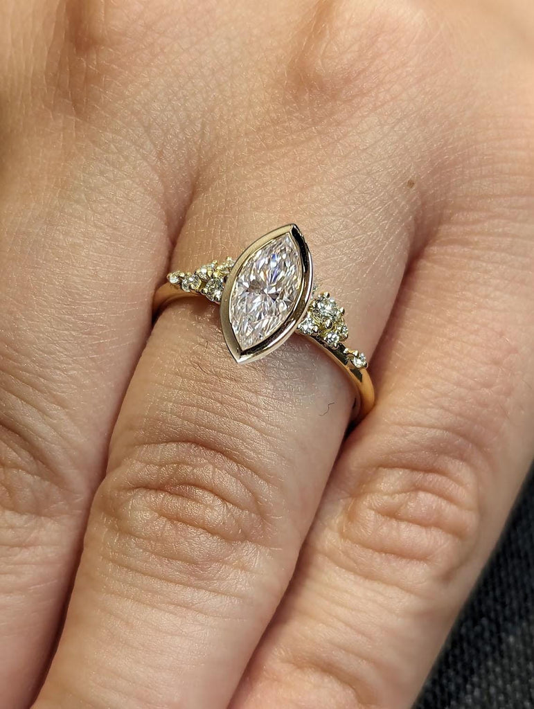 Marquise Cut Moissanite Full Bezel Snowdrift Ring, 14K 18K Solid Yellow Gold Engagement Ring, Lab Diamond Cluster Ring, Proposal Ring, Gift For Her Ring