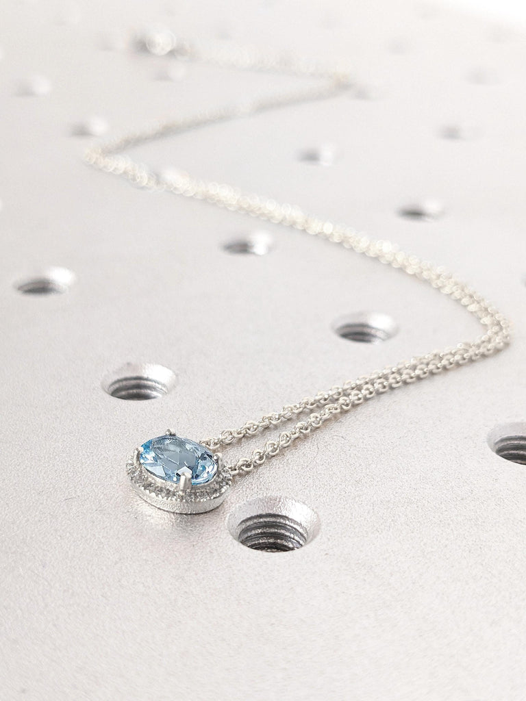 1 Carat Oval cut Lab Aquamarine Solitaire Pendant | Moissanite Halo Necklace | 14k 18k White Gold Chain Necklace | Woman Necklace