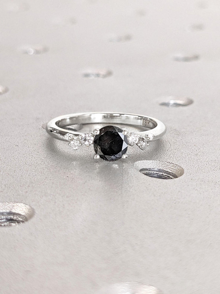 White Gold Women Wedding Ring | Lab Grown Diamond Cluster Snowdrift Promise Anniversary Ring, Gift for Wife | Raw Salt and Pepper Black Diamond