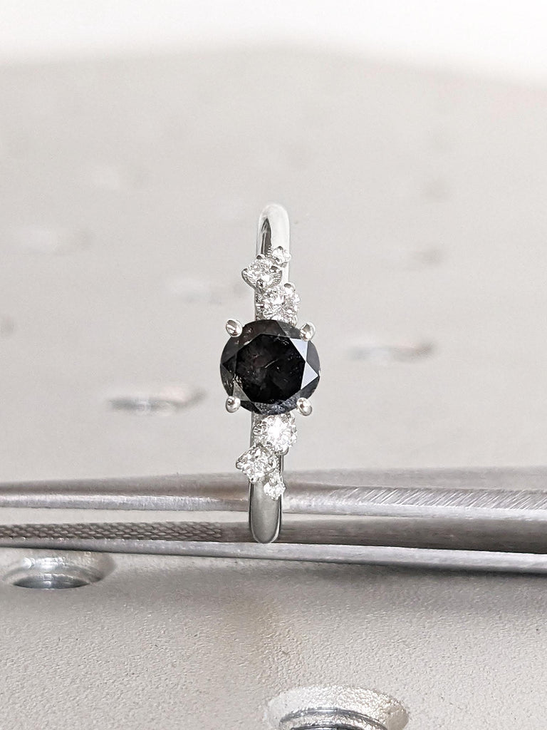 18k White Gold Rings for Women | Gold Engagement Ring | 0.75ct Round cut Diamond | Natural Black Diamond Salt and Pepper Bridal Ring