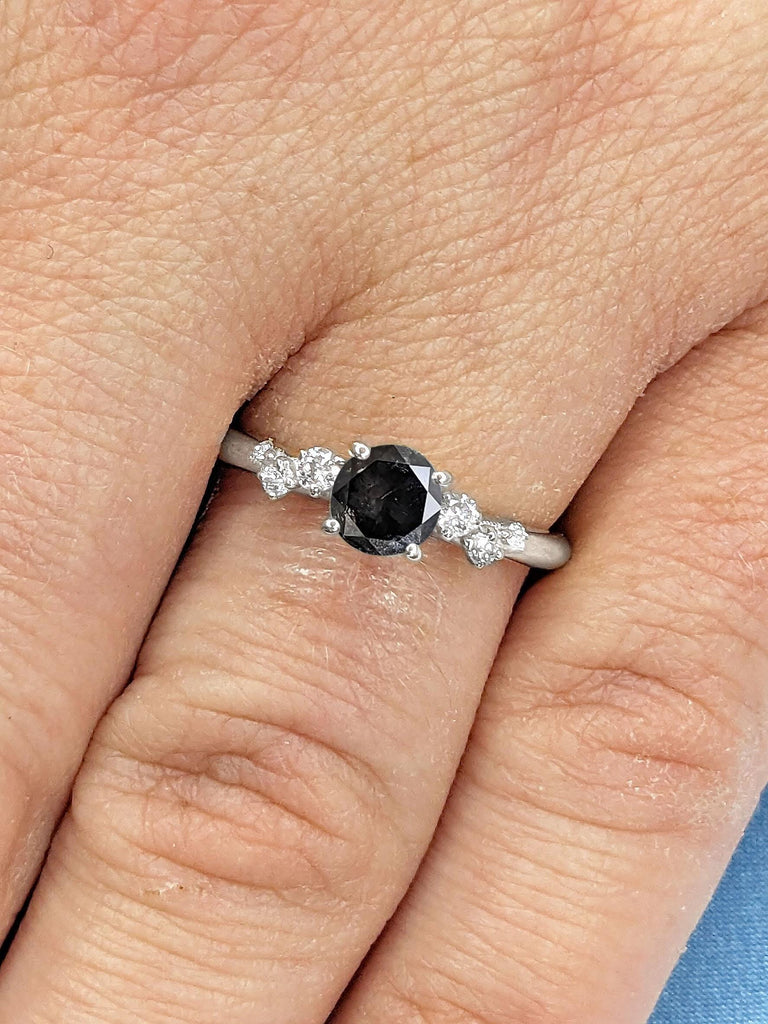 Natural Dark Grey Diamond Ring | Round Engagement Ring | Simple Salt and Pepper Ring | 18k White Gold Snowdrift Lab Grown Diamond Ring