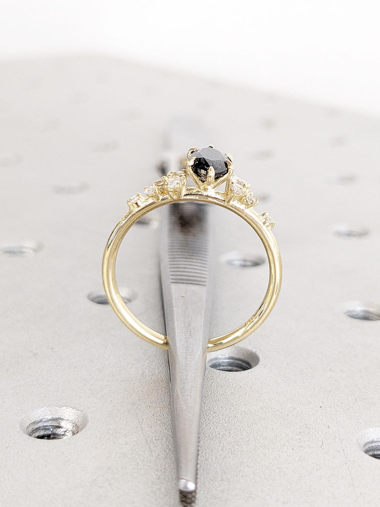 Marquise Cut Salt and Pepper Diamond Ring, Dainty 14k Solid Gold Ring, Vintage Snowdrift Diamond Cluster Ring, Art Deco Gold Engagement Ring