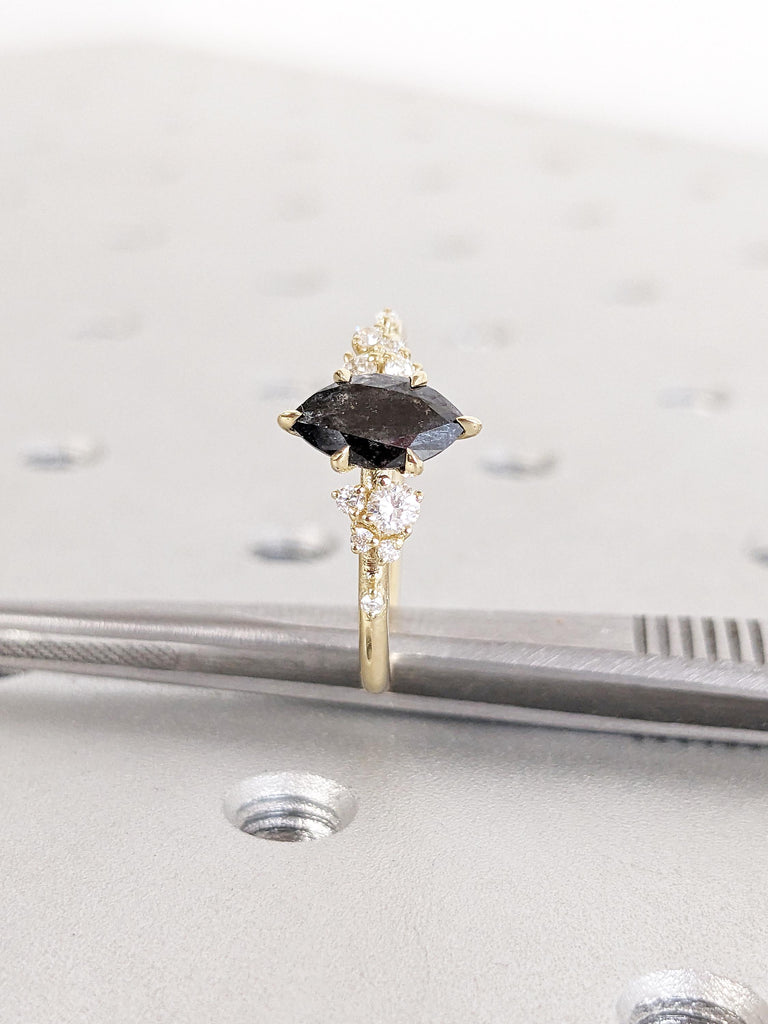 Unique Marquise Ring, Salt and Pepper Diamond Engagement Ring, Dainty 14k Gold Snowdrift Ring, Moissanite Cluster Ring, Diamond Wedding Ring