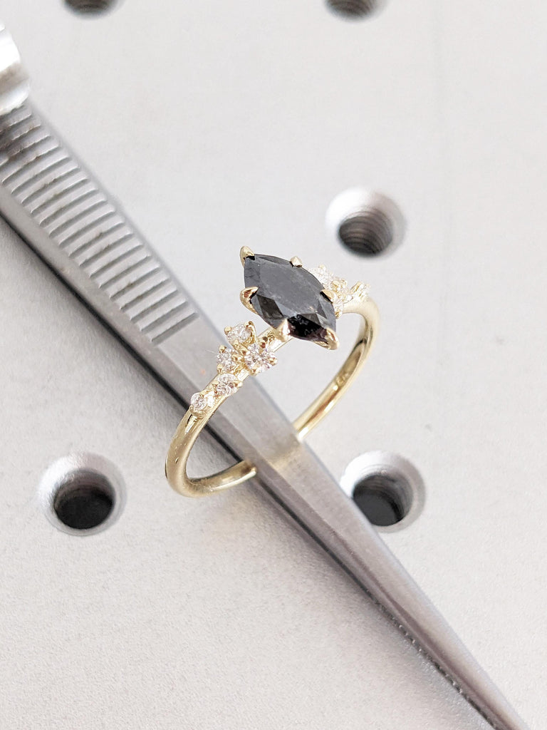 Marquise Cut Salt and Pepper Diamond Ring, Dainty 14k Solid Gold Ring, Vintage Snowdrift Diamond Cluster Ring, Art Deco Gold Engagement Ring