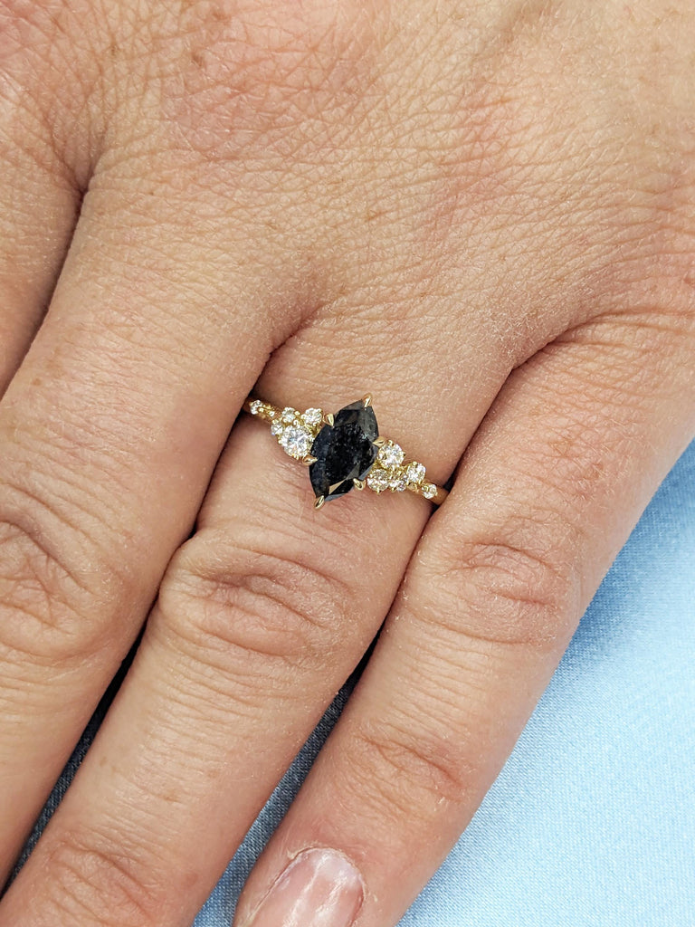 Marquise Cut Salt and Pepper Diamond Ring, Dainty 14k Solid Gold Ring, Vintage Snowdrift Diamond Cluster Ring, Art Deco Gold Engagement Ring
