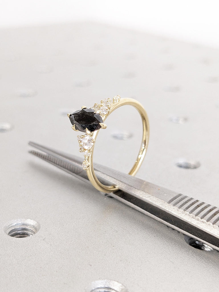 Marquise Cut Salt and Pepper Diamond Ring, Dainty 14k Solid Gold Ring, Vintage Snowdrift Diamond Cluster Ring, Art Deco Gold Engagement Ring