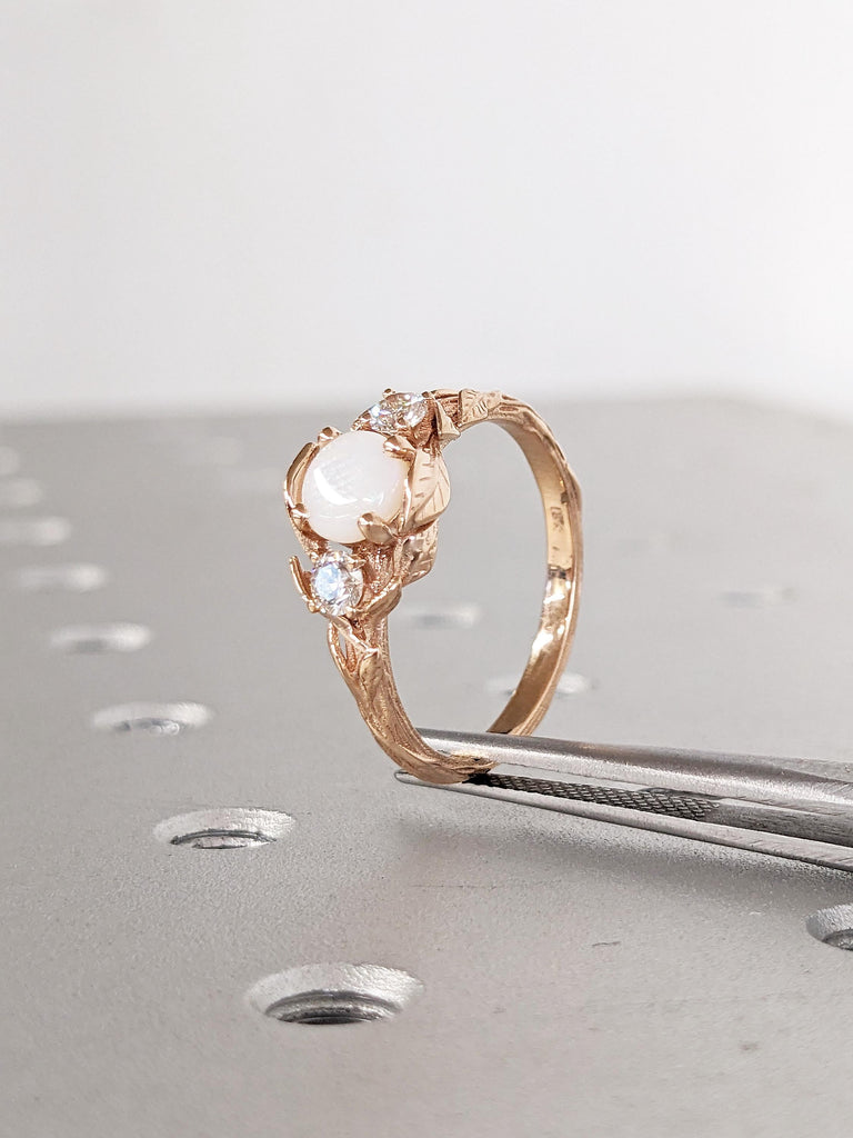 Art Deco 18k Rose Gold Ring, Opal Rings for Women, Nature Inspired Opal Engagement Ring, Unique Wedding Ring, Birthstone Ring, Gift for Wife