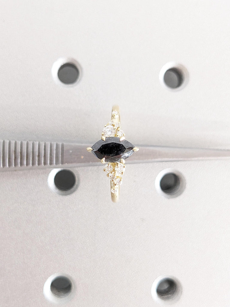 Unique Marquise Ring, Salt and Pepper Diamond Engagement Ring, Dainty 14k Gold Snowdrift Ring, Moissanite Cluster Ring, Diamond Wedding Ring