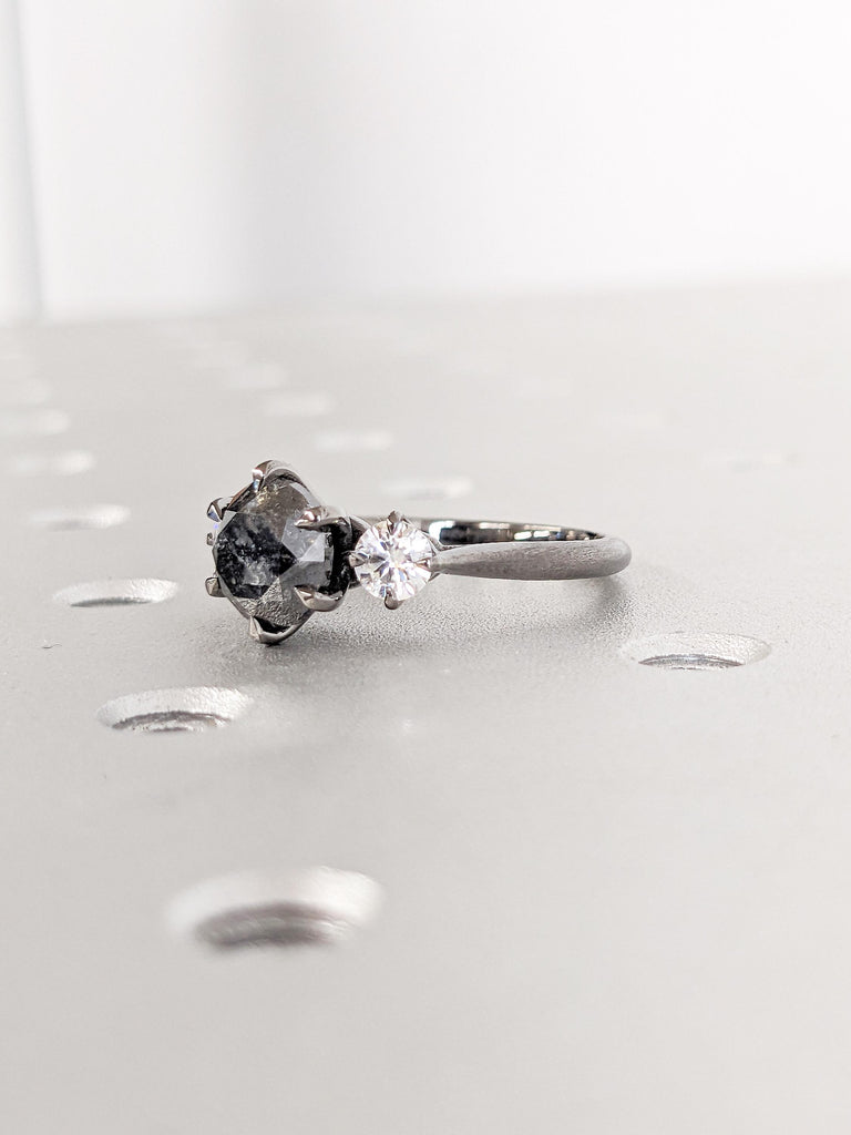 Unique Salt and Pepper Diamond Ring, Art Deco Matte Finished Black Gold Ring, Vintage Engagement Ring, 3 Stone Moissanite and Diamond Ring