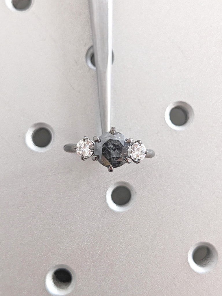 Black Gold Engagement Ring, 3 Stone Gold Promise Ring, Moissanite, Salt and Pepper Diamond Ring, Unique Gift for Mom, Dainty 14k Gold Ring