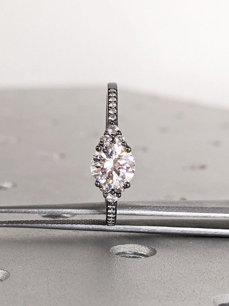 Diamond and Moissanite Engagement Ring | Black Gold Ring | 14k Engagement Ring | Gold Ring for Her