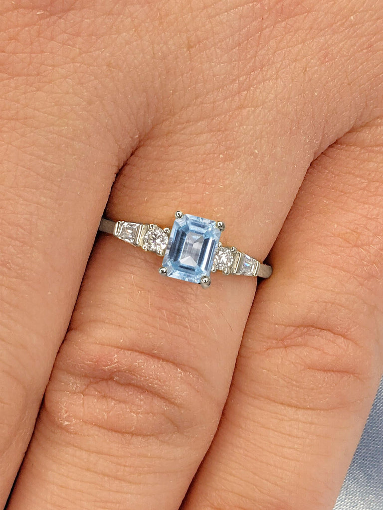 Five Stone Engagement Ring, Emerald Cut Lab Aquamarine and Diamond Ring, Round & Tapered Baguette Art Deco Bridal Ring, 5 Stone Diamond Ring for Wife in White Gold