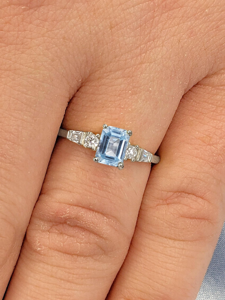 Five Stone Engagement Ring, Emerald Cut Lab Aquamarine and Diamond Ring, Round & Tapered Baguette Art Deco Bridal Ring, 5 Stone Diamond Ring for Wife in White Gold