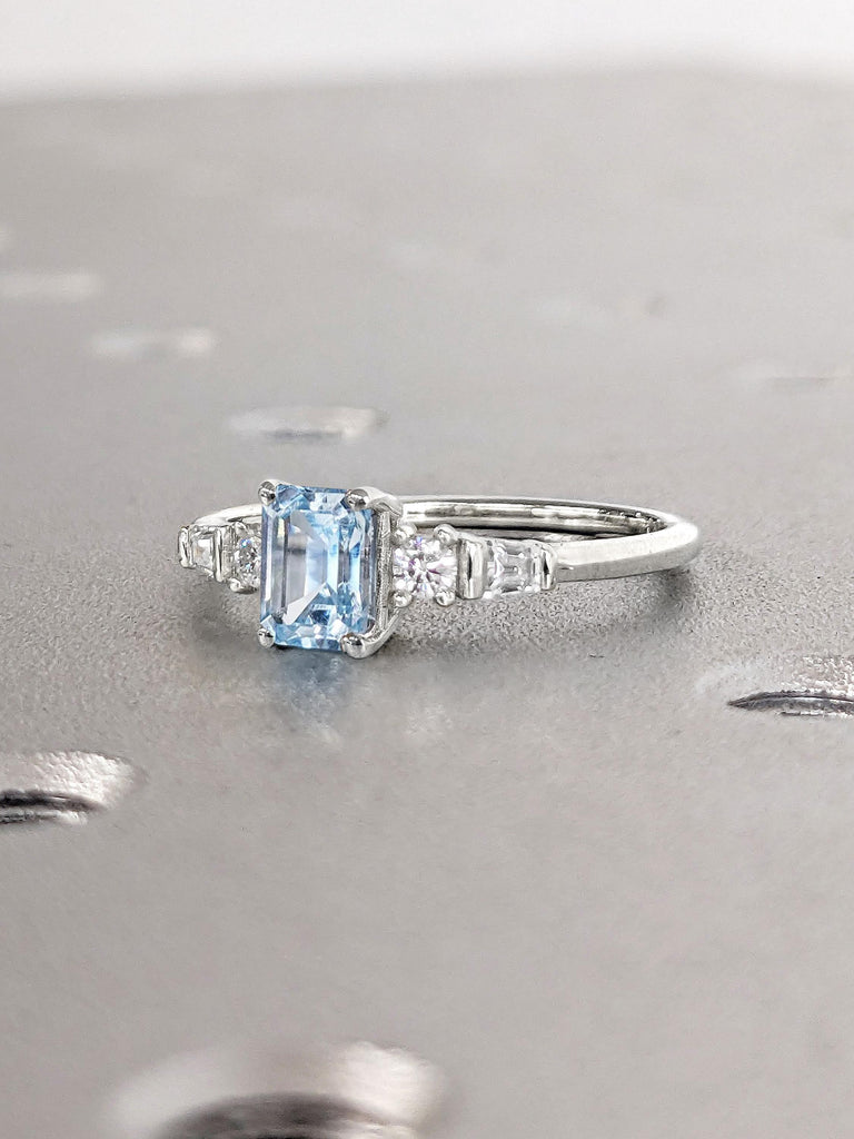 March Birthstone Emerald Cut Aquamarine and Diamond Ring | Art Deco 5 Stone Bridal Ring | Something Blue Wedding Anniversary Ring for Wife