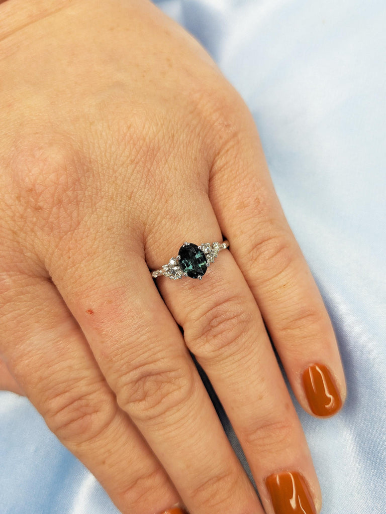 Peacock Sapphire Engagement Ring, 14k Gold Oval Ring, Snowdrift Diamond Cluster Ring, Vintage Blue Green Sapphire Ring, Unique Gift for Mom