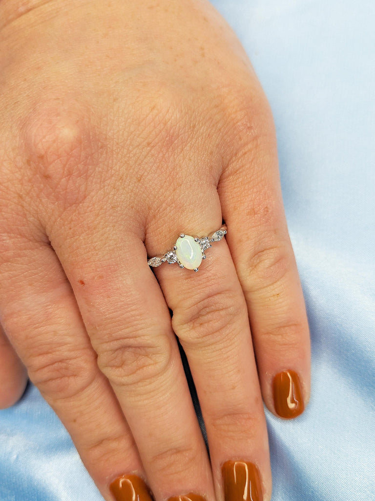 Dainty Opal Ring, Oval Engagement Ring, White Gold Ring, Opal and Diamond Ring, Opal Wedding Band, Opal Rings for Women, Best Gift for Mom