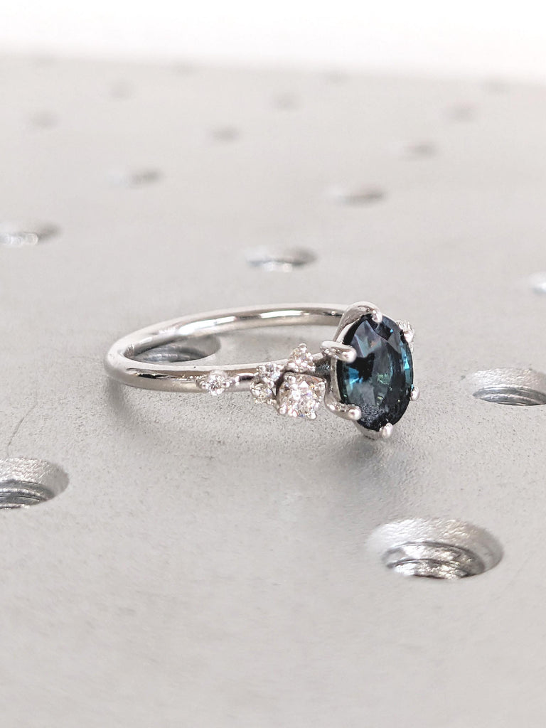 Peacock Sapphire Engagement Ring, 14k Gold Oval Ring, Snowdrift Diamond Cluster Ring, Vintage Blue Green Sapphire Ring, Unique Gift for Mom