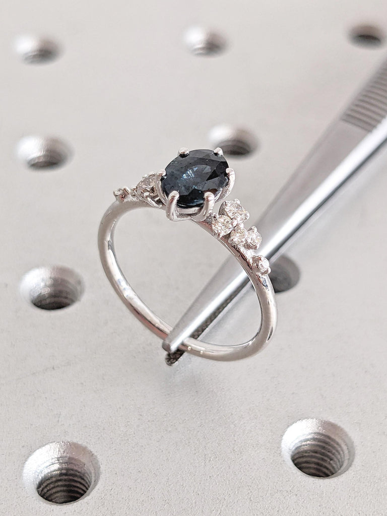 Teal Sapphire Ring, White Gold Ring, Oval Engagement Ring, Moissanite Cluster Ring, Sapphire Montana Ring, Personalized Ring, Gemstone Ring