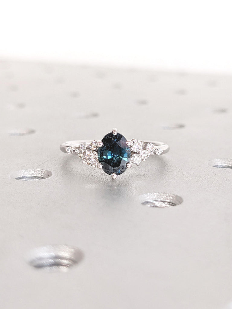 Peacock Sapphire Engagement Ring, 14k Gold Oval Ring, Snowdrift Diamond Cluster Ring, Vintage Blue Green Sapphire Ring, Unique Gift for Mom