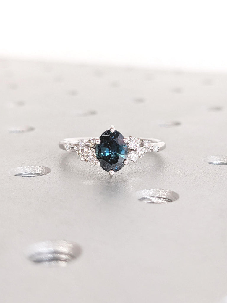 Teal Sapphire Ring, White Gold Ring, Oval Engagement Ring, Moissanite Cluster Ring, Sapphire Montana Ring, Personalized Ring, Gemstone Ring