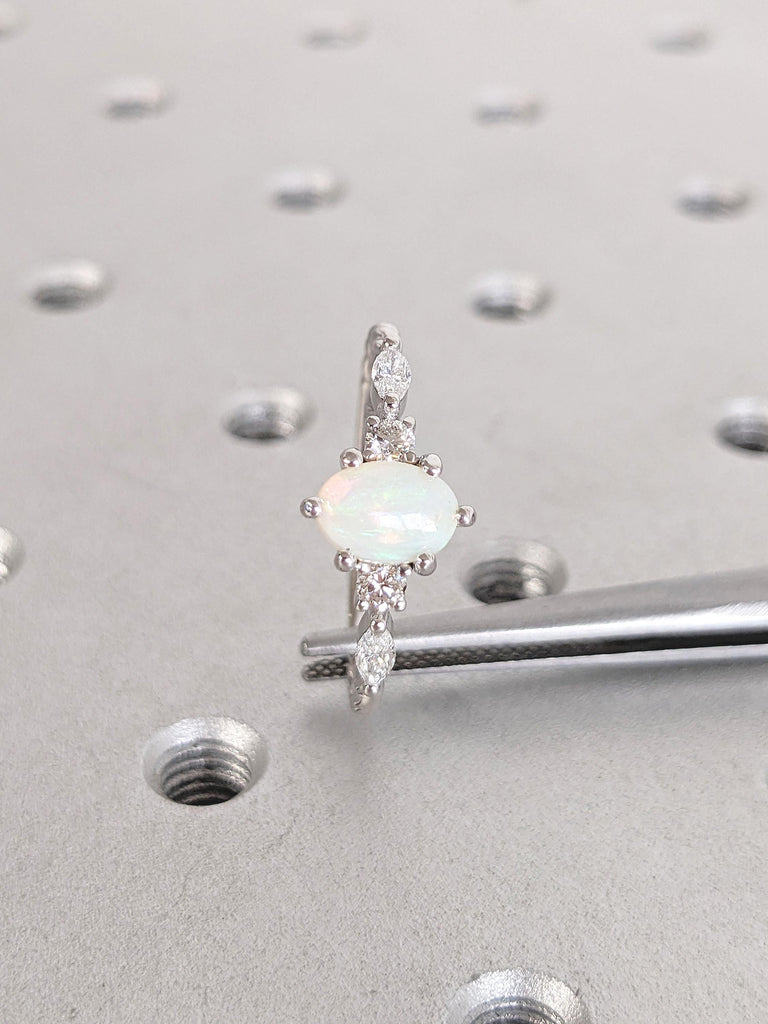 Dainty Opal Ring, Oval Engagement Ring, White Gold Ring, Opal and Diamond Ring, Opal Wedding Band, Opal Rings for Women, Best Gift for Mom