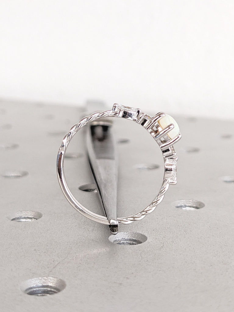 Dainty Opal Ring, Oval Engagement Ring, White Gold Ring, Opal and Diamond Ring, Opal Wedding Band, Opal Rings for Women, Best Gift for Mom