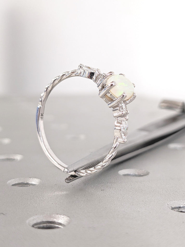 Dainty Opal Ring, Oval Engagement Ring, White Gold Ring, Opal and Diamond Ring, Opal Wedding Band, Opal Rings for Women, Best Gift for Mom