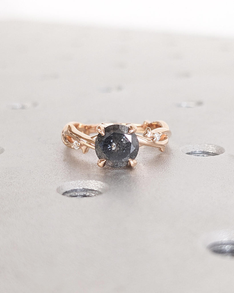 Salt and Pepper Diamond Nature Engagement Ring, Twig Branch Diamond Ring, Twig Engagement Ring, Thorn Twisted Vine Ring, 14K Rose Gold Ring
