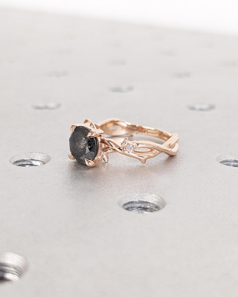 Salt and Pepper Diamond Nature Engagement Ring, Twig Branch Diamond Ring, Twig Engagement Ring, Thorn Twisted Vine Ring, 14K Rose Gold Ring