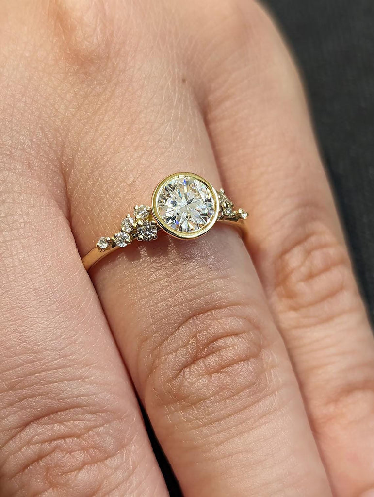 Round Lab Created Diamond Full Bezel Snowdrift Ring, 14K 18K Solid Yellow Gold Engagement Ring, Lab Diamond Cluster Ring, Proposal Ring, Gift For Her Ring
