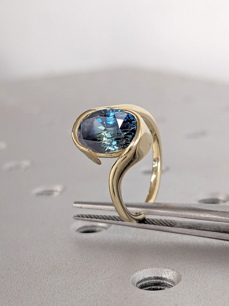 Unique Peacock Sapphire Bypass Ring | Bezel set Bypass Engagement Ring | 2ct Oval Sapphire | 14k Yellow Gold Rings for Women