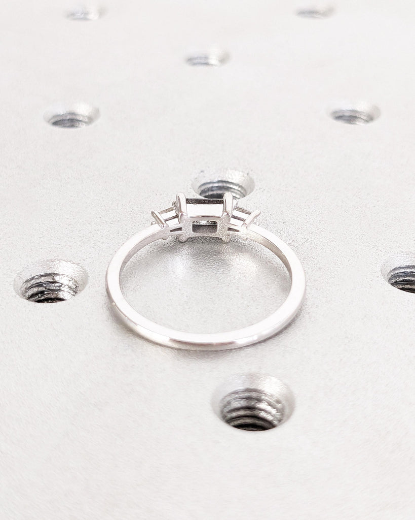 Emerald Baguette Raw Salt and Pepper Diamond Gold Engagement Ring / Art Deco 1920's Inspired Thin Petite Band / Unique Ring / 14K White Gold