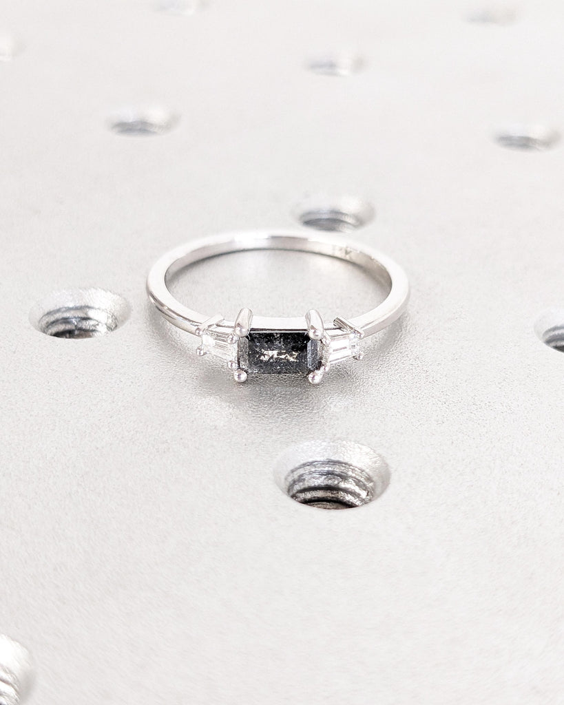 Emerald Baguette Raw Salt and Pepper Diamond Gold Engagement Ring / Art Deco 1920's Inspired Thin Petite Band / Unique Ring / 14K White Gold