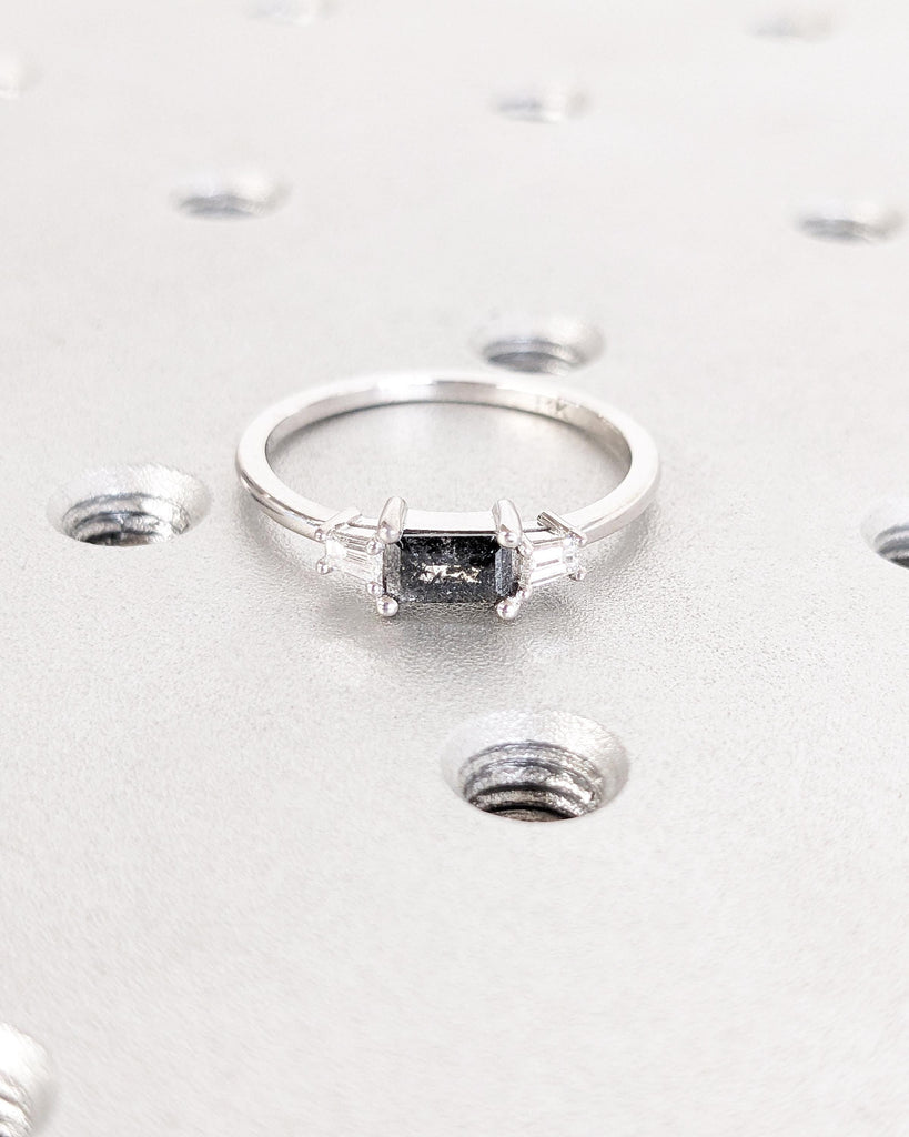 Emerald Baguette Raw Salt and Pepper Diamond Gold Engagement Ring, Art Deco 1920's Inspired, Thin Petite Band, 14K Gold, Unique Ring for Her