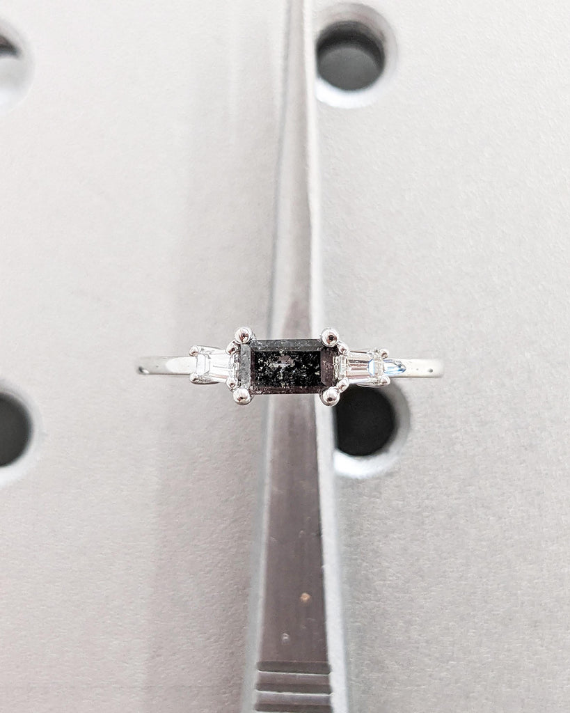Emerald Baguette Raw Salt and Pepper Diamond Gold Engagement Ring, Art Deco 1920's Inspired, Thin Petite Band, 14K Gold, Unique Ring for Her