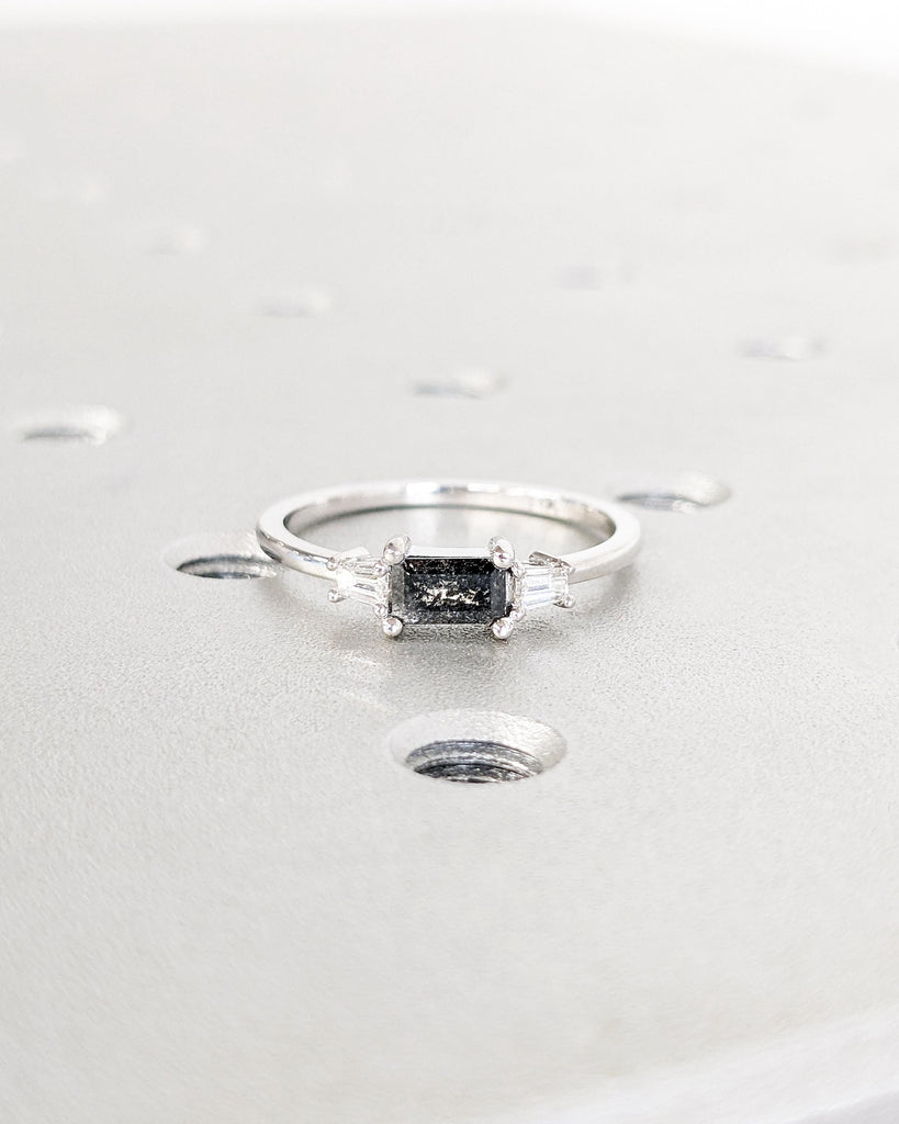 Emerald Baguette Raw Salt and Pepper Diamond Gold Engagement Ring, Art Deco 1920's Inspired, Thin Petite Band, 14K Gold, Unique Ring for Her