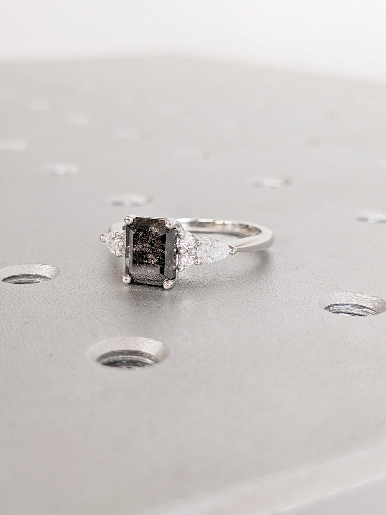 Emerald Cut Ring, Salt and Pepper Diamond Ring, Platinum Engagement Ring, Moissanite or Diamond Cluster Ring, Art Deco Promise Ring for Her
