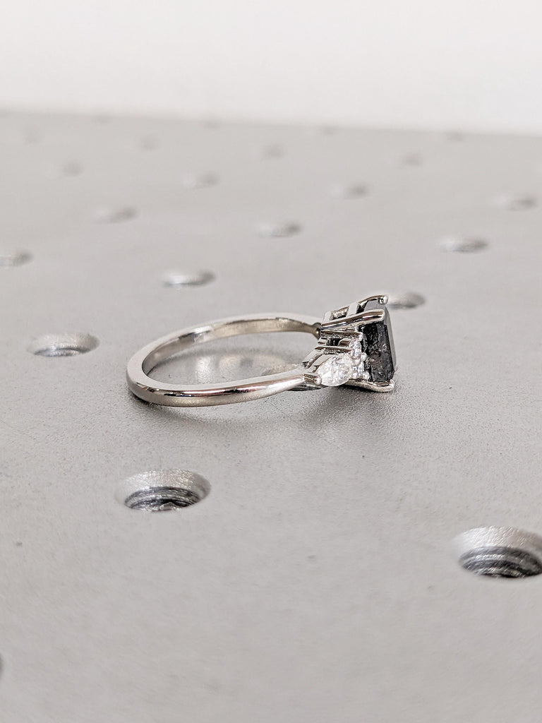 Emerald Cut Ring, Salt and Pepper Diamond Ring, Platinum Engagement Ring, Moissanite or Diamond Cluster Ring, Art Deco Promise Ring for Her