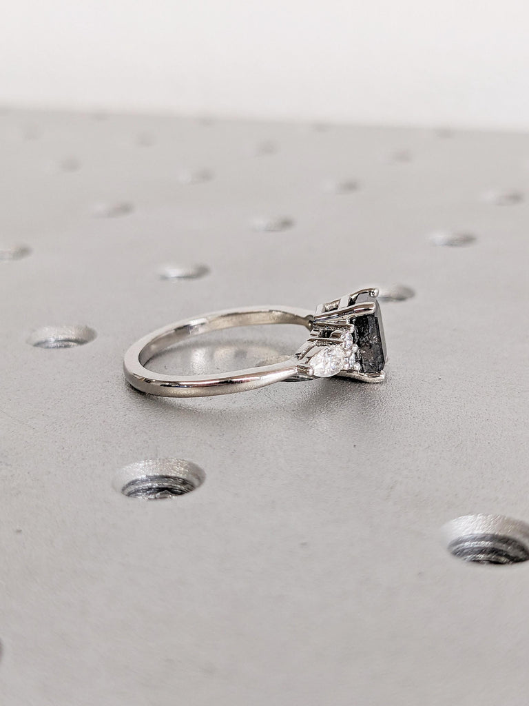 Emerald Cut Engagement Ring, Salt and Pepper Diamond Ring, Platinum Ring for Women, Vintage Anniversary Ring, Unique Diamond Cluster Ring