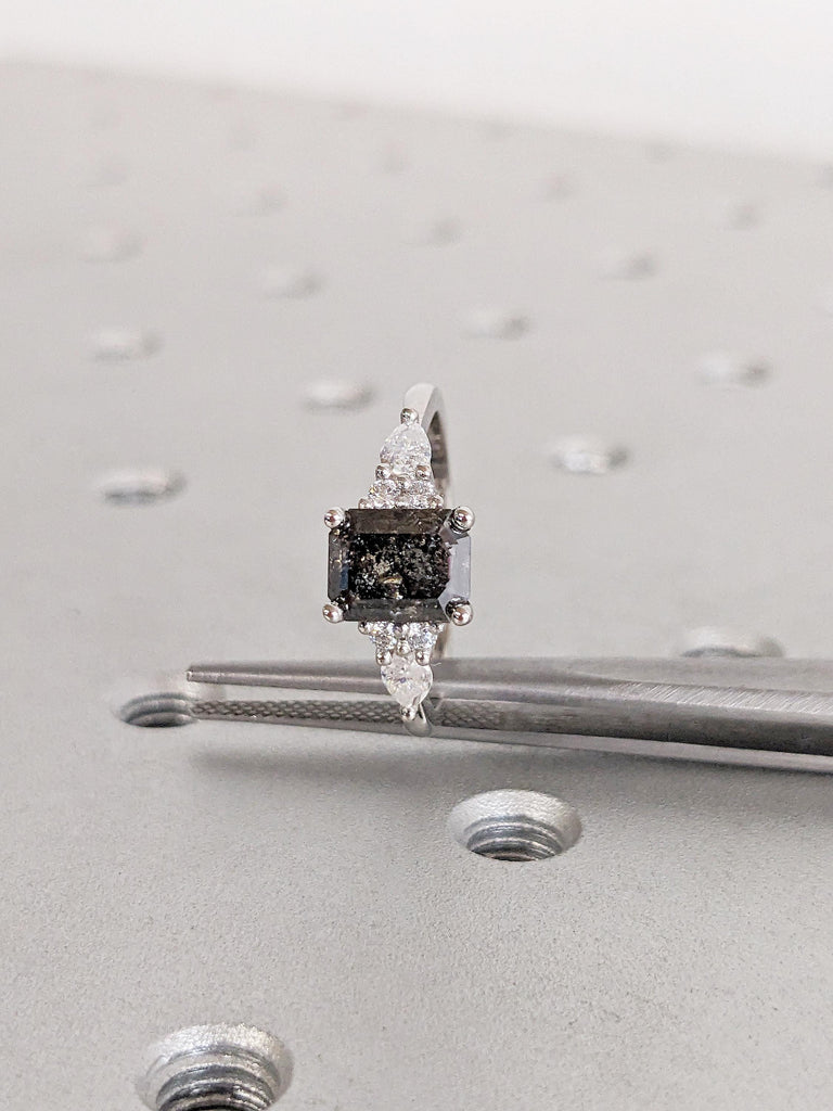 Emerald Cut Ring, Salt and Pepper Diamond Ring, Platinum Engagement Ring, Moissanite or Diamond Cluster Ring, Art Deco Promise Ring for Her